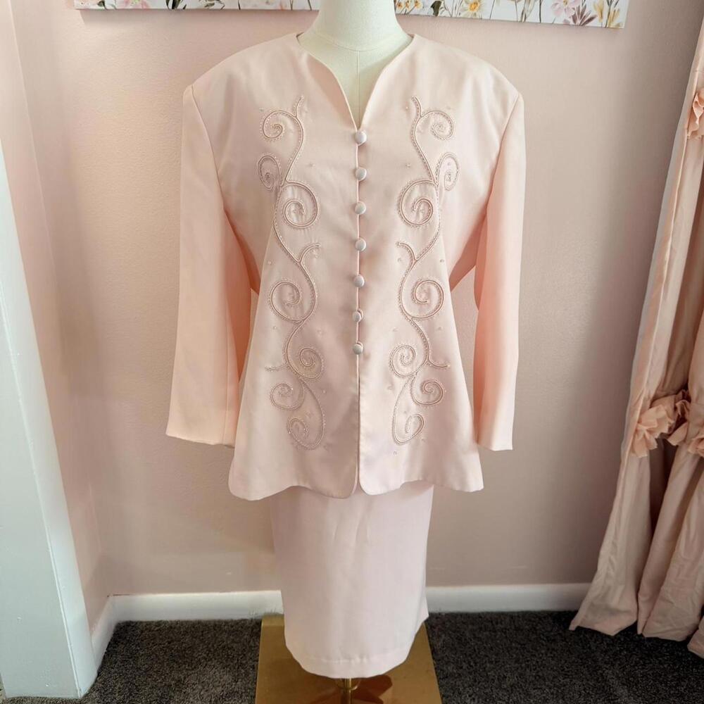 Vintage St. Anthony Pink Skirt Suit Set | Beaded Embroidered Formal | Size 16
